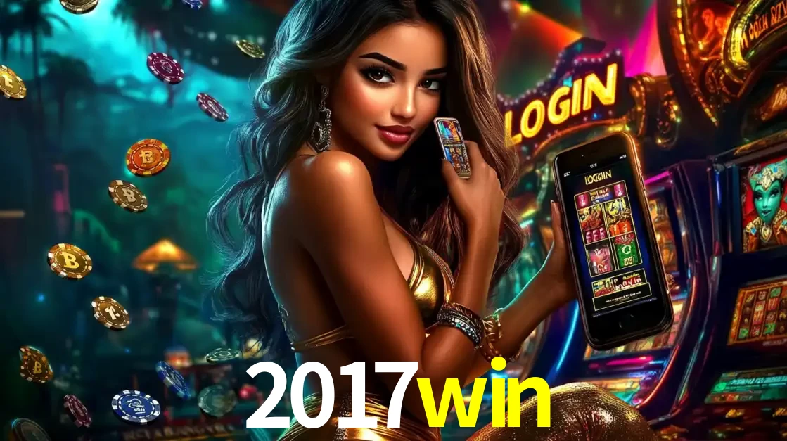 Mulher em um cenário de cassino temático de aventura, mostrando o app de caça-níqueis da 2017win no celular. Fichas de apostas flutuam ao redor.