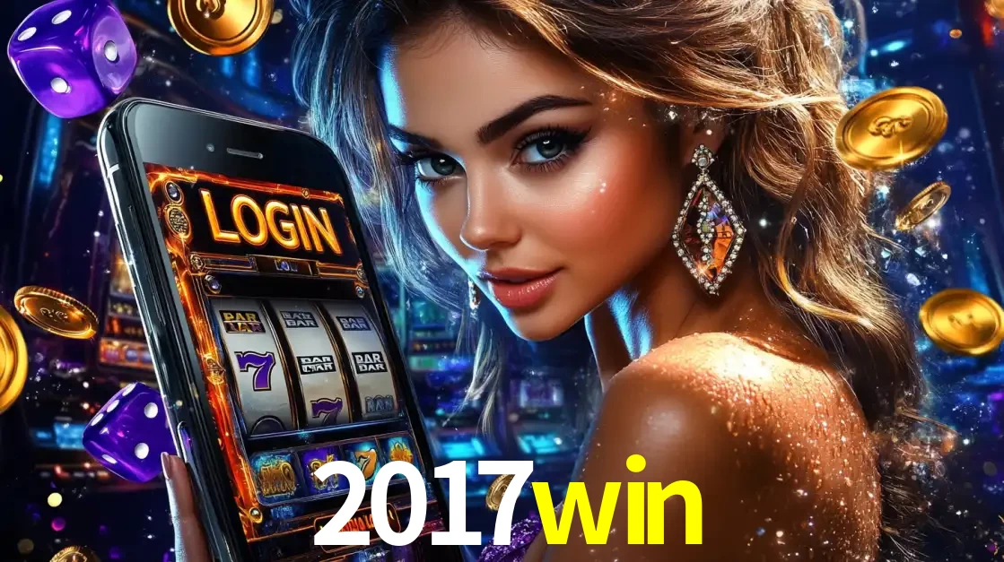 Mulher glamorosa segurando um smartphone com a tela de login para os jogos de caça-níqueis do cassino online 2017win, com moedas de ouro e dados ao redor.