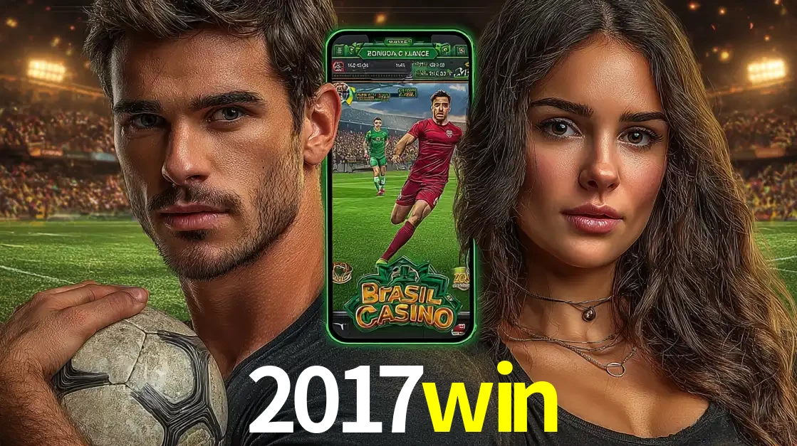 Homem segurando uma bola de futebol e uma mulher ao lado de um smartphone exibindo o jogo de apostas esportivas da 2017win. Faça seu palpite no cassino online.
